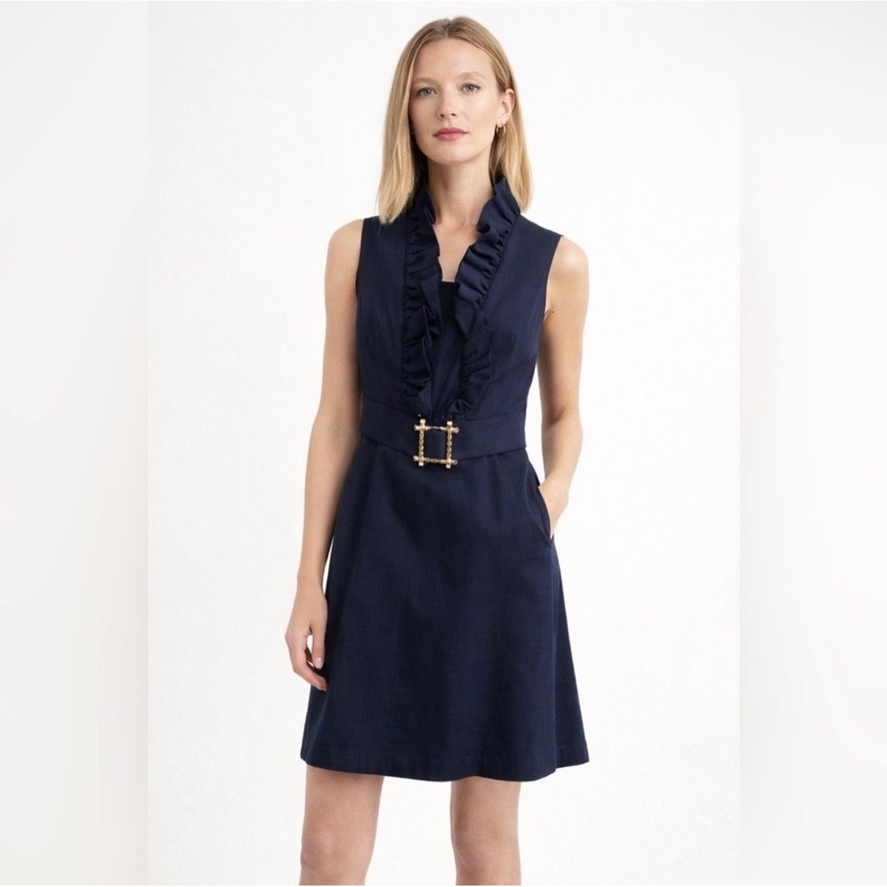 Elizabeth McKay Navy Ruffle Collar Belted A-Line Dress Made in USA Size 2